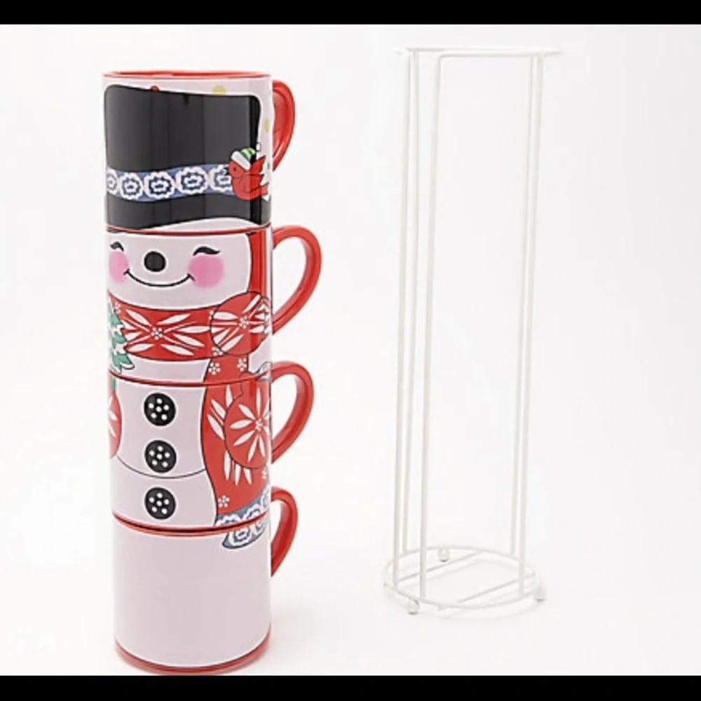 *NIB* Temp-tations Winter Whimsy set of 4 stacking mugs with metal stand - Picture 3 of 5